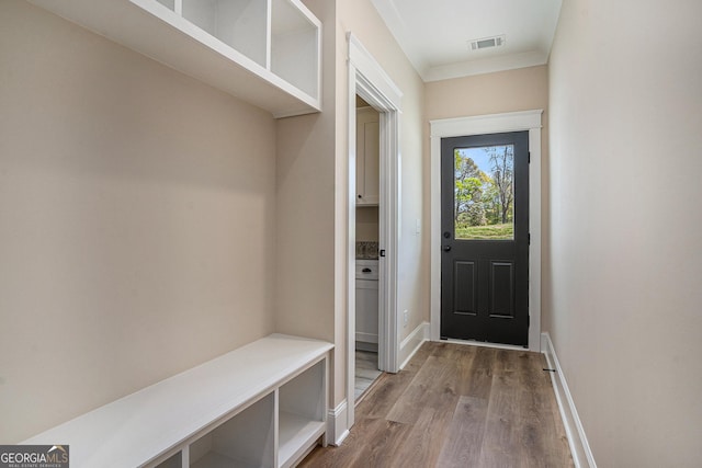 101 Bonnie Lynn Ln, Carrollton, GA 30117 - mudroom featuring visible vents, baseboards, and wood finished floors