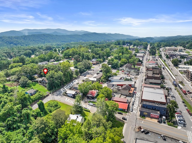 drone / aerial view featuring a mountain view