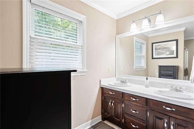 bathroom featuring crown molding and vanity