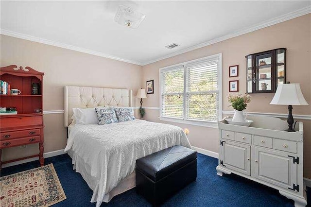 carpeted bedroom with crown molding