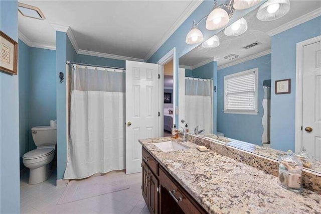 bathroom with crown molding, tile patterned flooring, vanity, and toilet