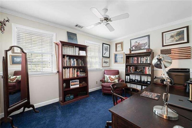 carpeted office space featuring ceiling fan and ornamental molding