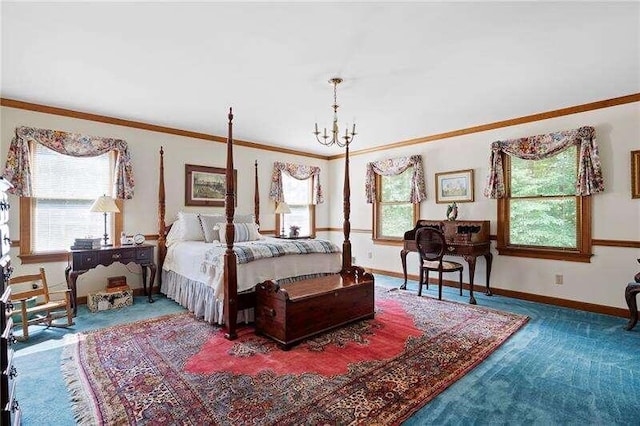 carpeted bedroom featuring an inviting chandelier and crown molding