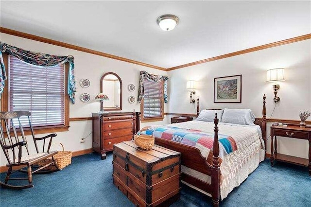 bedroom featuring carpet and crown molding