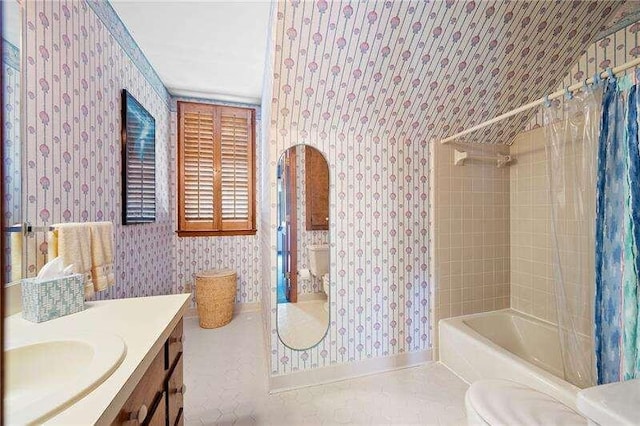 full bathroom with tile flooring, oversized vanity, shower / tub combo with curtain, lofted ceiling, and toilet