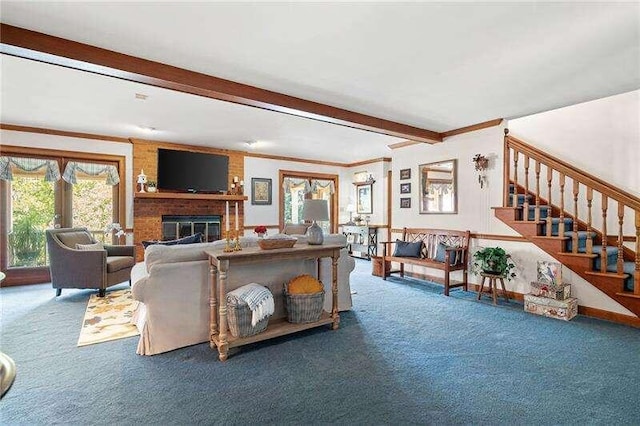 living room featuring beam ceiling, carpet floors, a fireplace, and brick wall