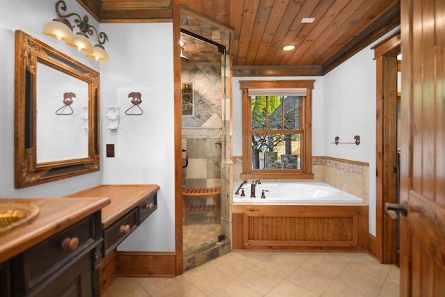 686 Lake Dr, Morganton, GA 30560 - bathroom with vanity, wood ceiling, ornamental molding, shower with separate bathtub, and tile flooring