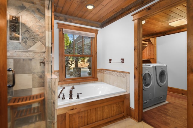 686 Lake Dr, Morganton, GA 30560 - bathroom with crown molding, wooden ceiling, independent washer and dryer, and wood-type flooring