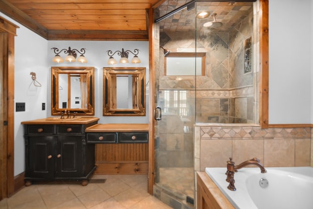 686 Lake Dr, Morganton, GA 30560 - bathroom with tile floors, shower with separate bathtub, wood ceiling, and vanity
