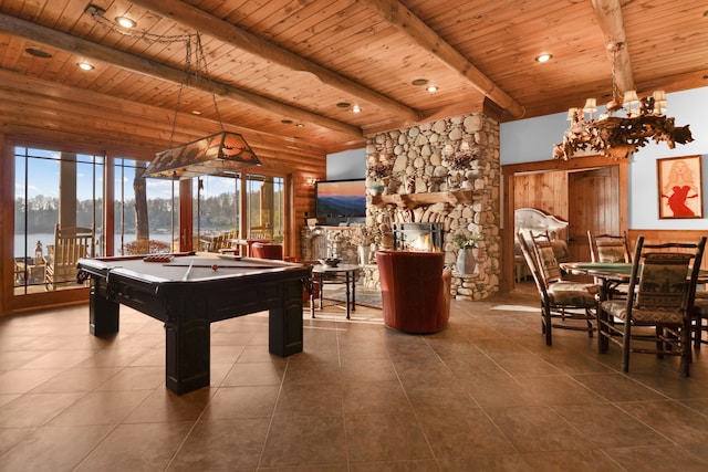 686 Lake Dr, Morganton, GA 30560 - rec room with dark tile flooring, wooden ceiling, billiards, a fireplace, and beam ceiling