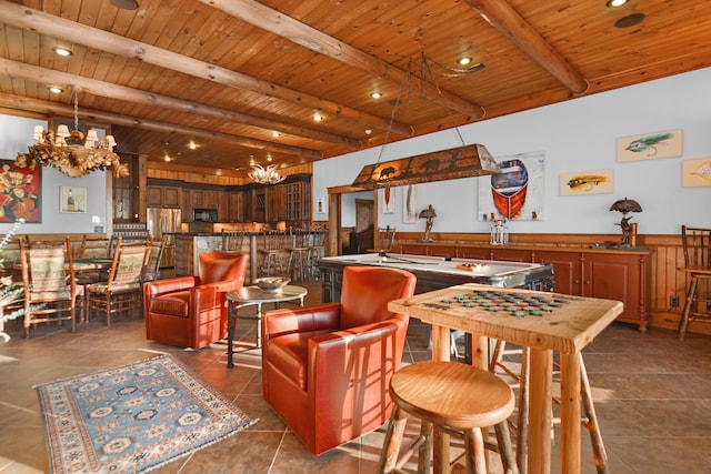 686 Lake Dr, Morganton, GA 30560 - tiled dining space featuring beam ceiling, wood ceiling, and a chandelier