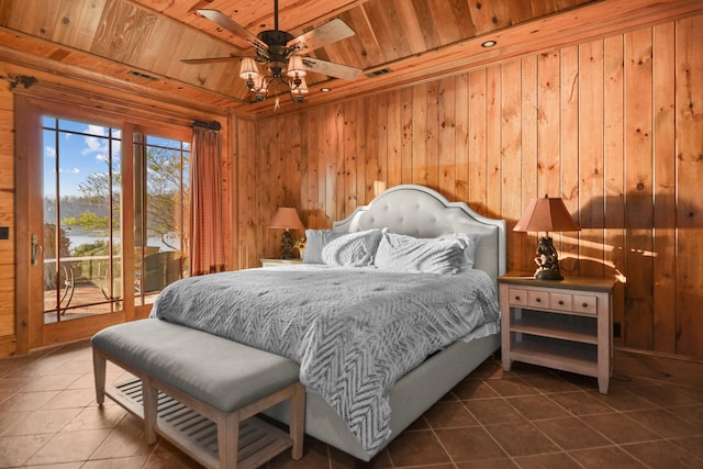 686 Lake Dr, Morganton, GA 30560 - tiled bedroom with ceiling fan, access to exterior, wooden walls, and wooden ceiling