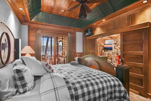 686 Lake Dr, Morganton, GA 30560 - bedroom with wooden walls, ceiling fan, and wood ceiling