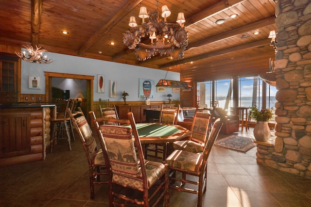 686 Lake Dr, Morganton, GA 30560 - tiled dining area with wood ceiling, a chandelier, and beamed ceiling