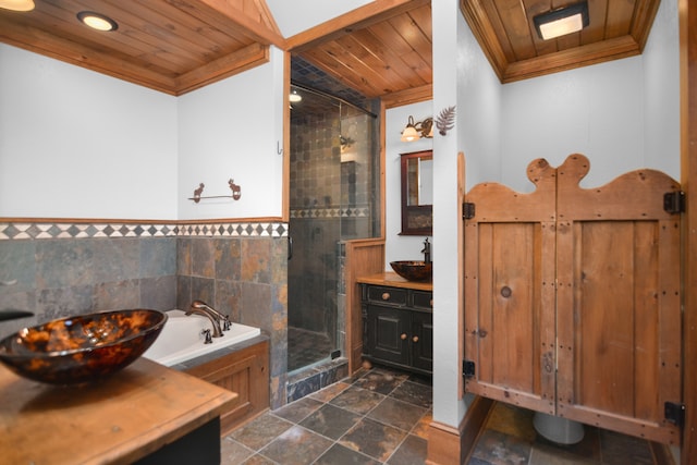 686 Lake Dr, Morganton, GA 30560 - bathroom with vanity, wood ceiling, tile floors, and independent shower and bath