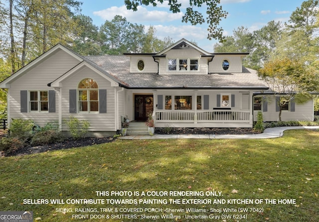 view of front of property featuring covered porch and a front lawn