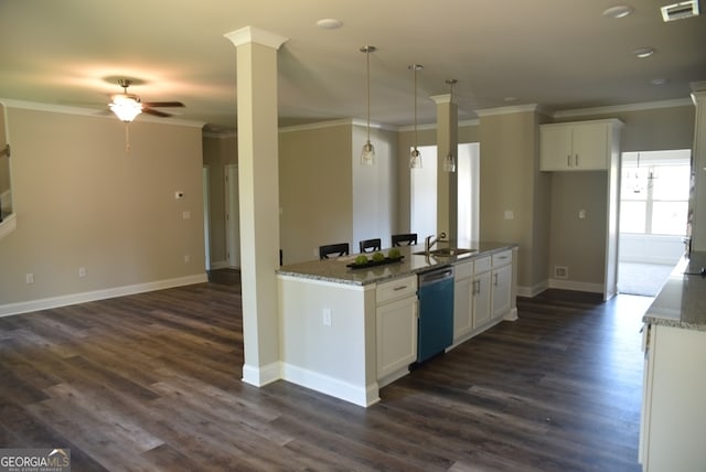 kitchen featuring ceiling fan, stainless steel dishwasher, dark wood-type flooring, and white cabinetry