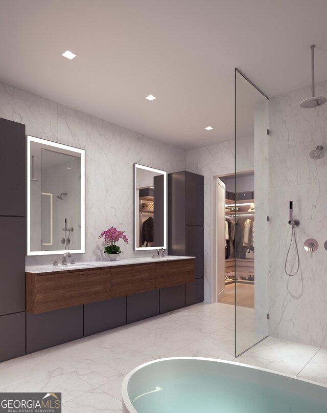 318 Sandy Springs Cir Unit 260, Sandy Springs, GA 30328 - full bath with a marble finish shower, marble finish floor, double vanity, and a sink
