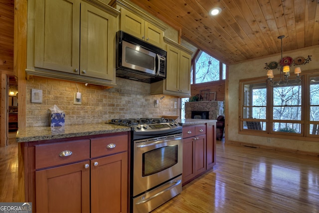 kitchen featuring wooden ceiling, a fireplace, light hardwood / wood-style flooring, a notable chandelier, and stainless steel appliances