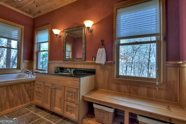 bathroom with crown molding, vanity, and a bathing tub