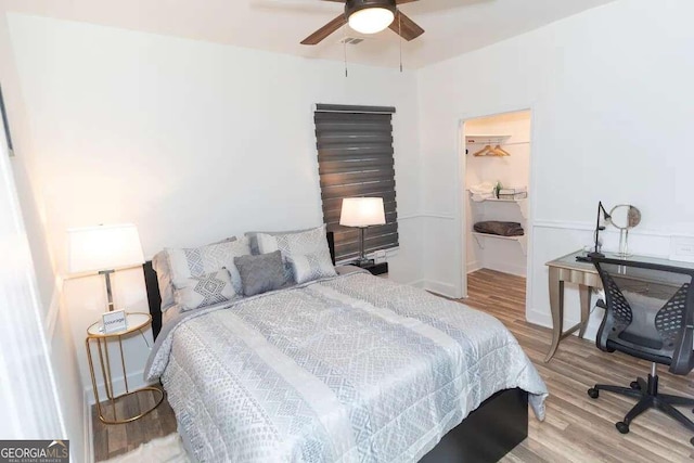 bedroom with ceiling fan, a walk in closet, and light hardwood / wood-style flooring