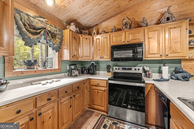 kitchen featuring lofted ceiling, dishwashing machine, light hardwood / wood-style flooring, stainless steel range with electric stovetop, and wooden ceiling