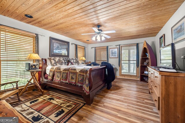 bedroom featuring wooden ceiling, light hardwood / wood-style floors, and ceiling fan