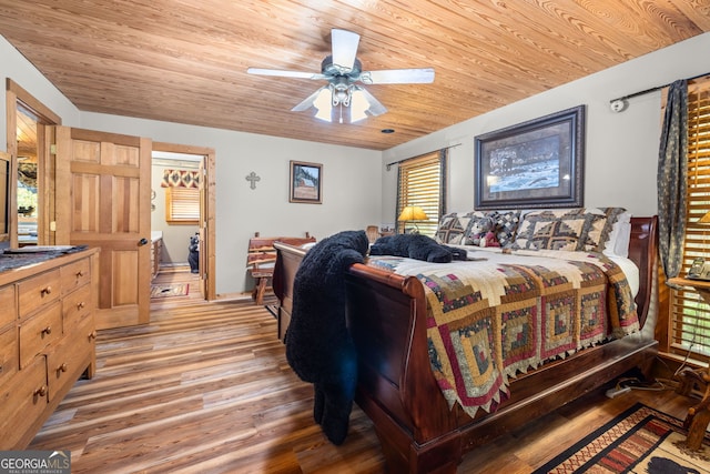 bedroom featuring ceiling fan, light wood-type flooring, and wooden ceiling