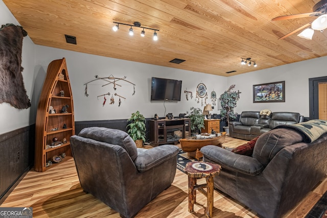 living room with wooden ceiling, ceiling fan, light wood-type flooring, and track lighting