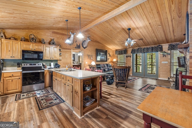 kitchen with dark hardwood / wood-style floors, wood ceiling, range, and pendant lighting