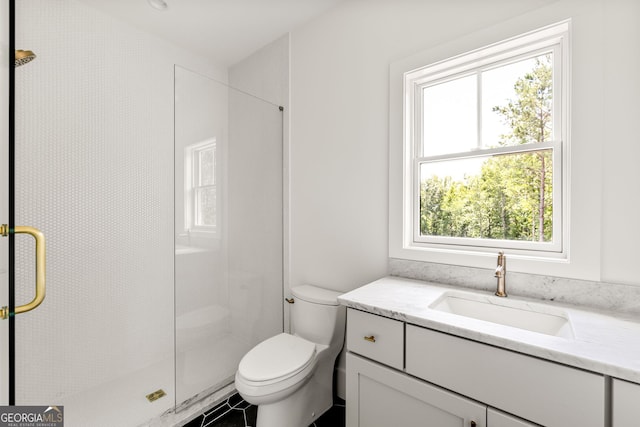 bathroom featuring vanity, toilet, plenty of natural light, and a shower with shower door