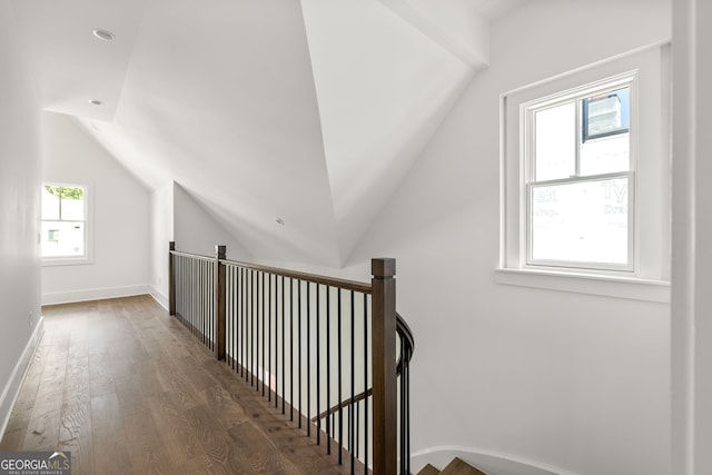 interior space featuring vaulted ceiling and dark hardwood / wood-style flooring