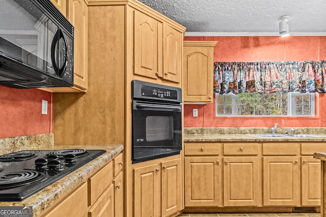 kitchen with a textured ceiling, ornamental molding, black appliances, sink, and light brown cabinetry