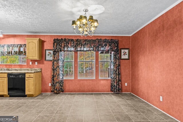 kitchen featuring a textured ceiling, black dishwasher, tile floors, ornamental molding, and a chandelier