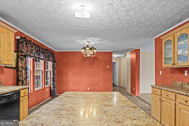 kitchen with dishwasher, dark tile flooring, a chandelier, and a textured ceiling