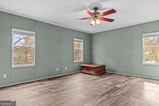 spare room with ceiling fan, a textured ceiling, and wood-type flooring