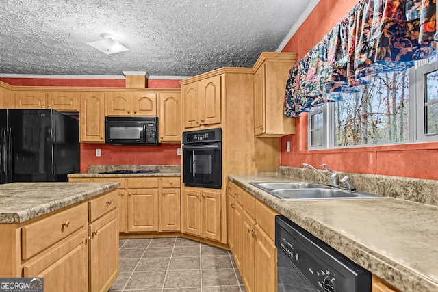 kitchen featuring crown molding, a textured ceiling, black appliances, sink, and light tile floors