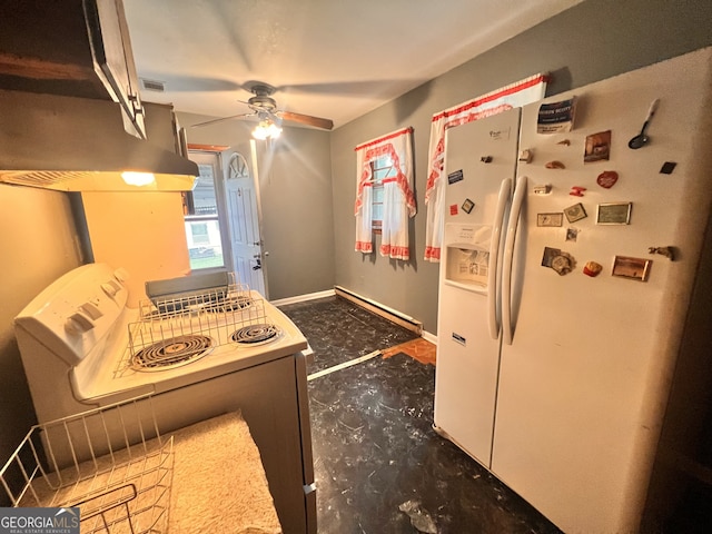 kitchen featuring ceiling fan, white fridge with ice dispenser, and stove