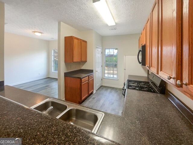 kitchen with dark hardwood / wood-style floors, sink, a textured ceiling, and gas range