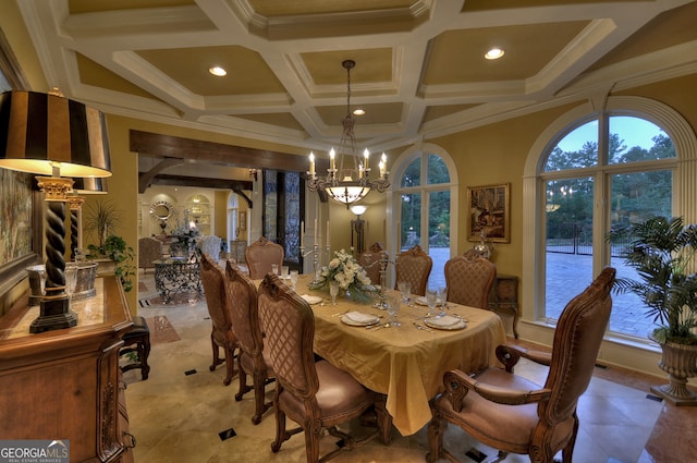 dining space featuring a chandelier, coffered ceiling, ornamental molding, beam ceiling, and a towering ceiling