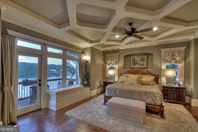 bedroom with coffered ceiling, hardwood / wood-style flooring, access to exterior, and ceiling fan