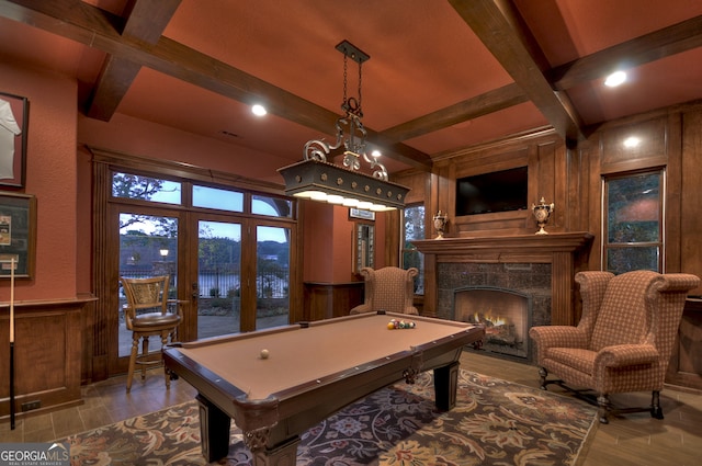 game room with coffered ceiling, a fireplace, billiards, french doors, and beam ceiling