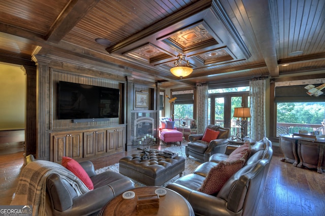 living room with wood ceiling, coffered ceiling, and wood-type flooring