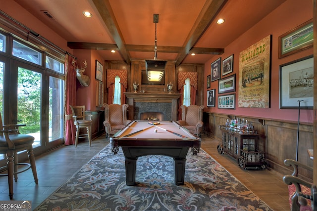 playroom featuring beamed ceiling and pool table