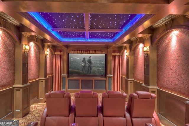 home theater with decorative columns