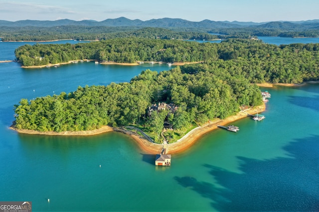 bird's eye view featuring a water and mountain view