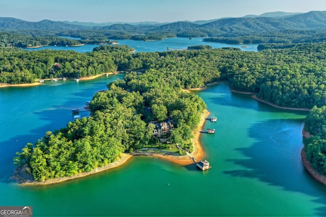 birds eye view of property with a water and mountain view