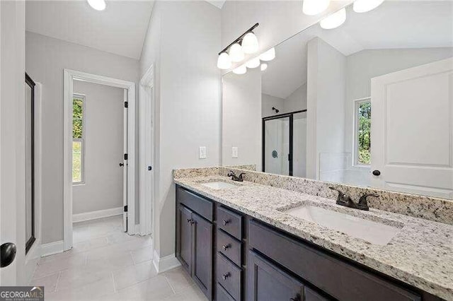 bathroom with vanity, vaulted ceiling, a healthy amount of sunlight, and walk in shower