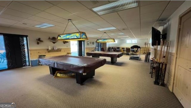 rec room featuring a paneled ceiling, light carpet, and pool table