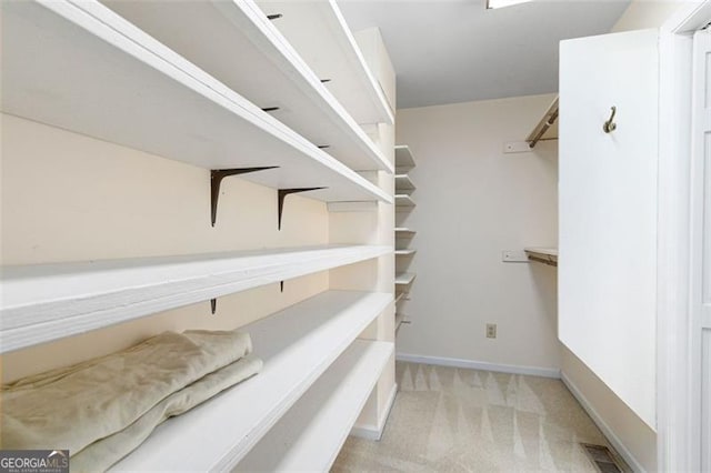 walk in closet with light carpet